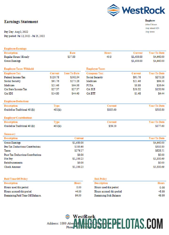 Recibo de pagamento da WestRock Packaging Company dos EUA amostra